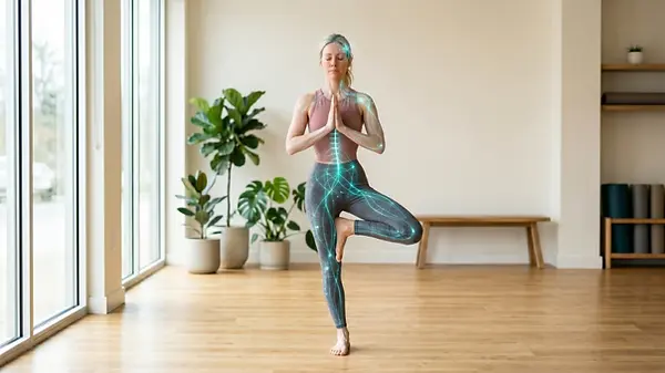 Mulher faz pose de árvore em estúdio de yoga