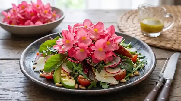 Salada fresca com flores de Begonia cucullata