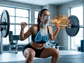 Atleta feminina em agachamento perfeito com barra, destacando sobreposição gráfica de pulmões iluminados e ícones de CO2 sendo exalados com a legenda 'Fat Loss', ilustrando o processo de oxidação lipídica pela respiração.