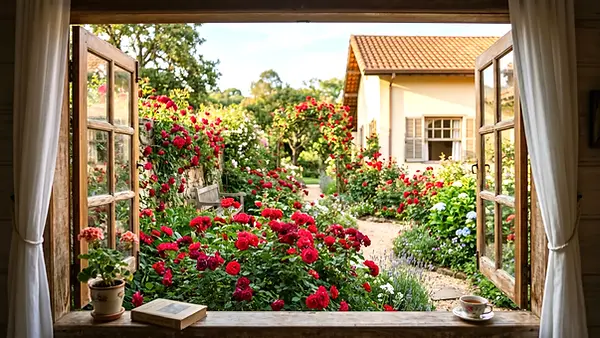 Jardim de rosas vermelhas florescendo em um ambiente de paz absoluta em lugar natural.
