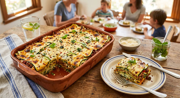Almoço em familia no dia de domingo degustando uma deliciosa lasanha de abobrinha