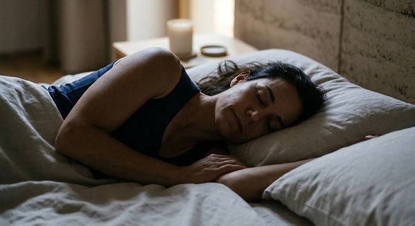 Mulher dormindo tranquilamente em sua cama.
