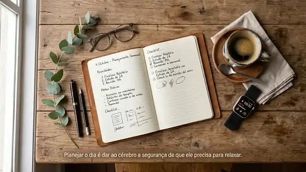 Planejamento: caderno, café, relógio e frase sobre relaxamento.
