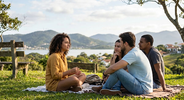 Grupo de amigos conversa sentados na grama com vista para o mar.