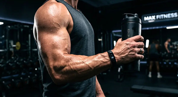 Homem musculoso segurando coqueteleira na academia Max Fitness.