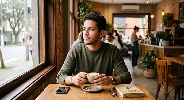 Um homem jovem com expressão pensativa e serena senta-se à mesa de um café iluminado pela luz natural da janela, segurando uma xícara enquanto espera calmamente. Ao fundo, o ambiente está suavemente desfocado.