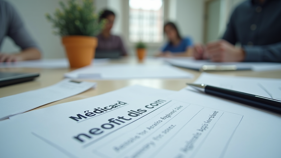 Eye-level view of a desk with Medicaid application forms and a pen