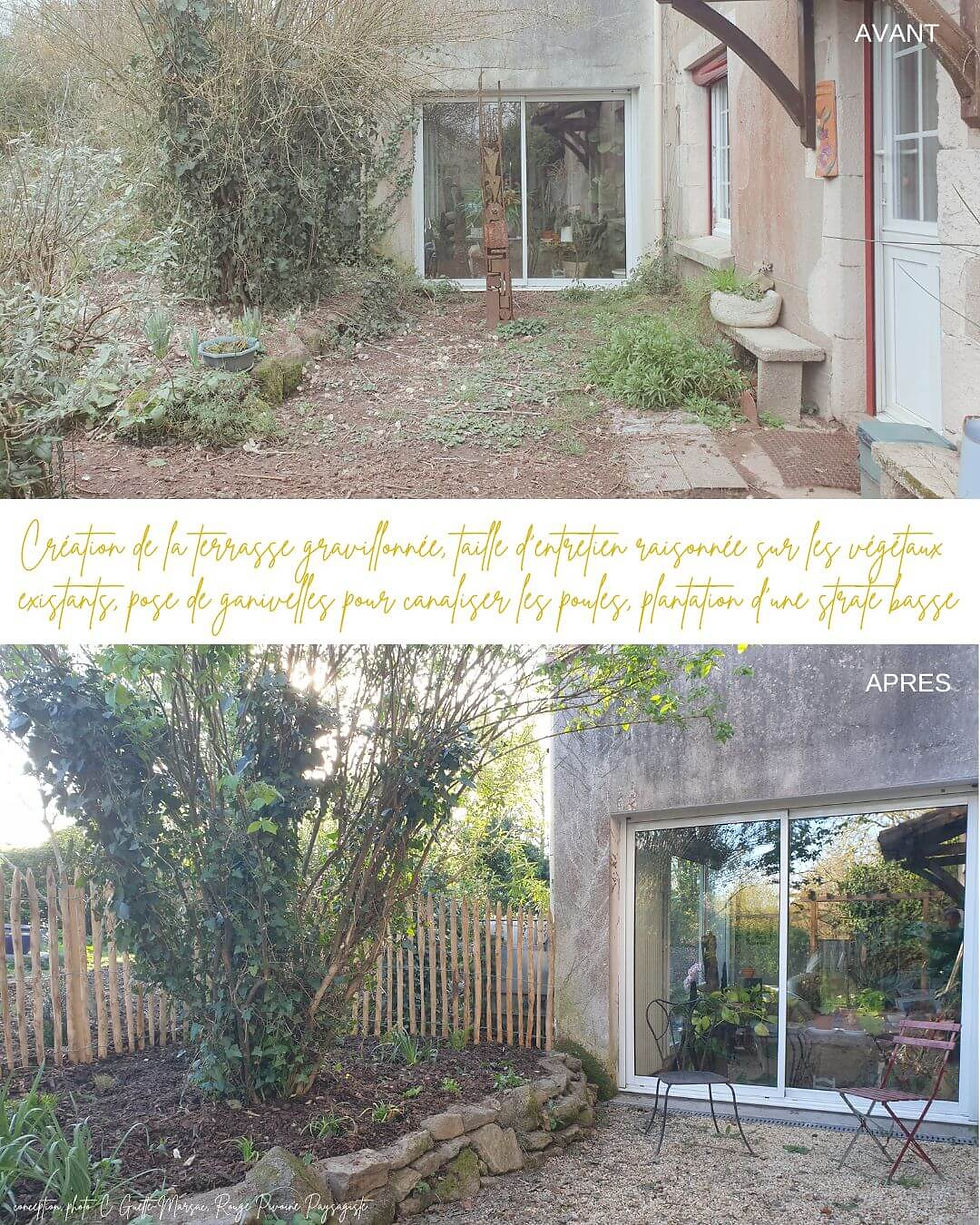 Avant - après : création d'une terrasse gravillonnée, taille d'éclaircie sur le seringat existant, pose de ganivelles et plantations complémentaires au sol