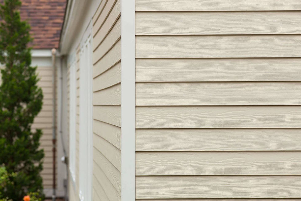 Close-up of beige horizontal siding on a house. A green shrub is visible on the left, with a brown shingle roof in the background.