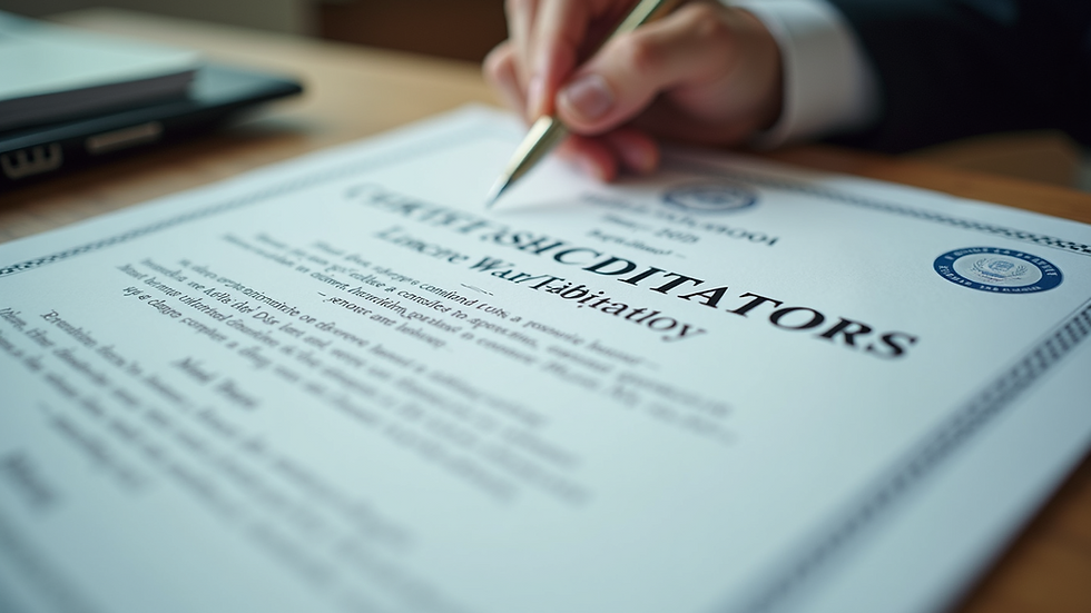 Close-up view of a mediator’s credentials and certifications on a desk