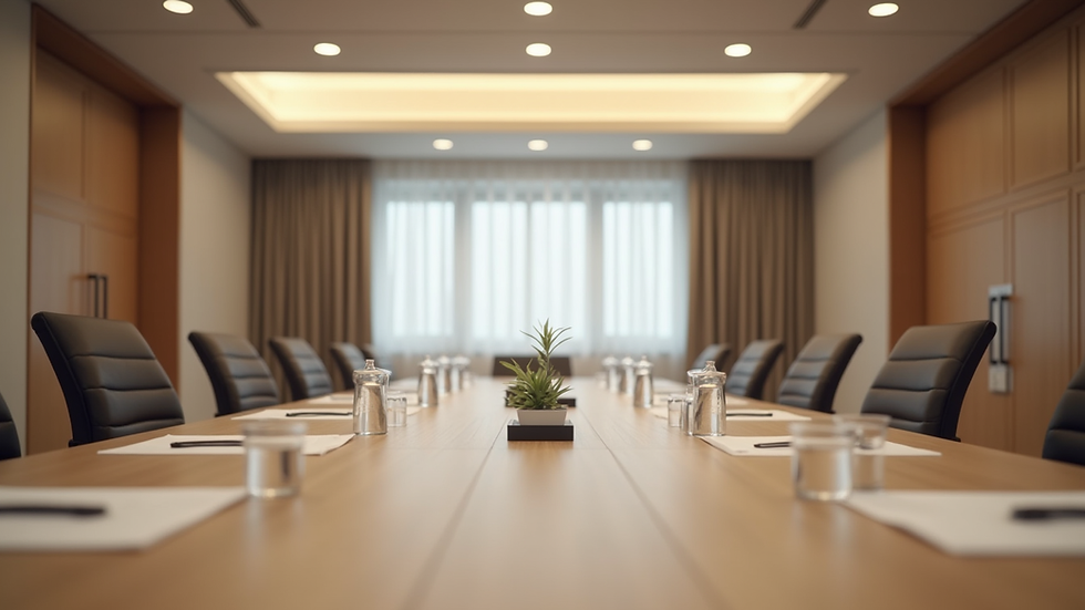Eye-level view of a calm meeting room set up for mediation
