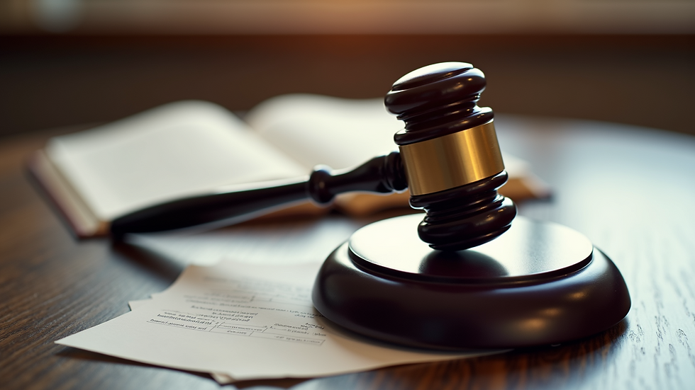High angle view of a gavel and legal documents on a desk