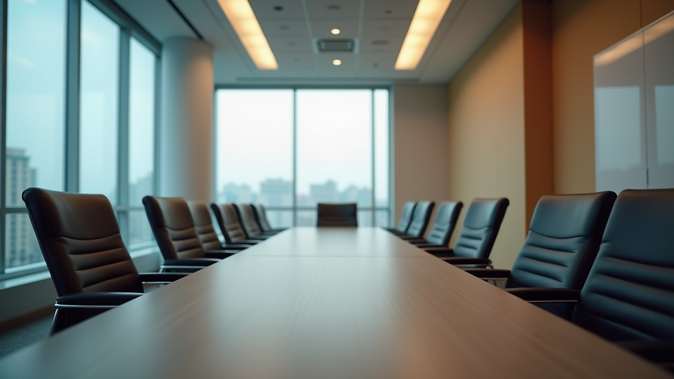 Eye-level view of a conference room with empty chairs around a table