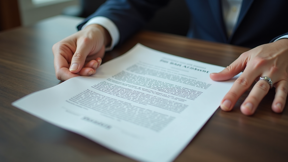 Close-up view of a mediator's hands holding a settlement agreement document