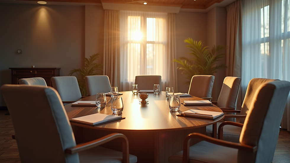Eye-level view of a round table set for mediation session