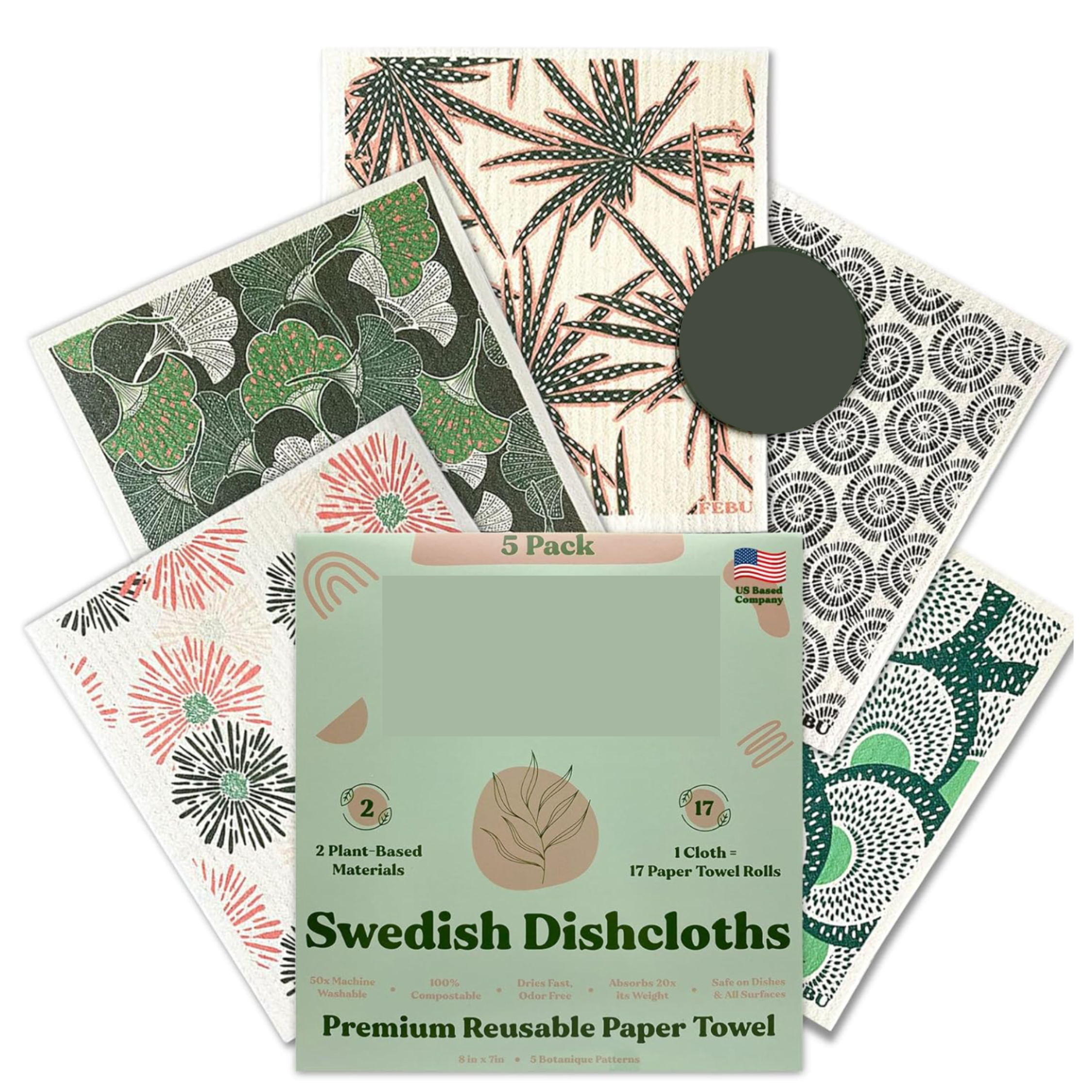 Feon Swedish Dishcloths 5 Pack Cellulose Sponge Cloths Botanique Style