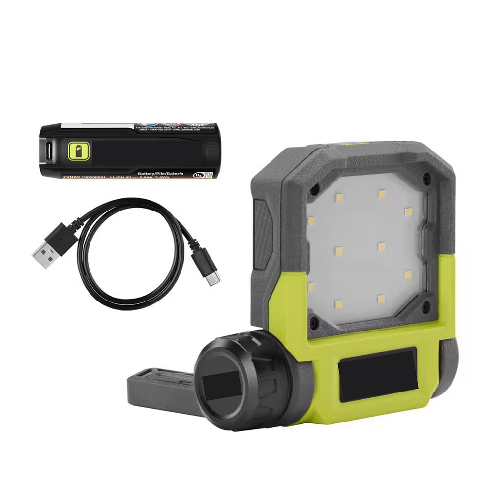 Ryobi Lithium Battery 3-Mode Flip Light with rechargeable battery and charging cord