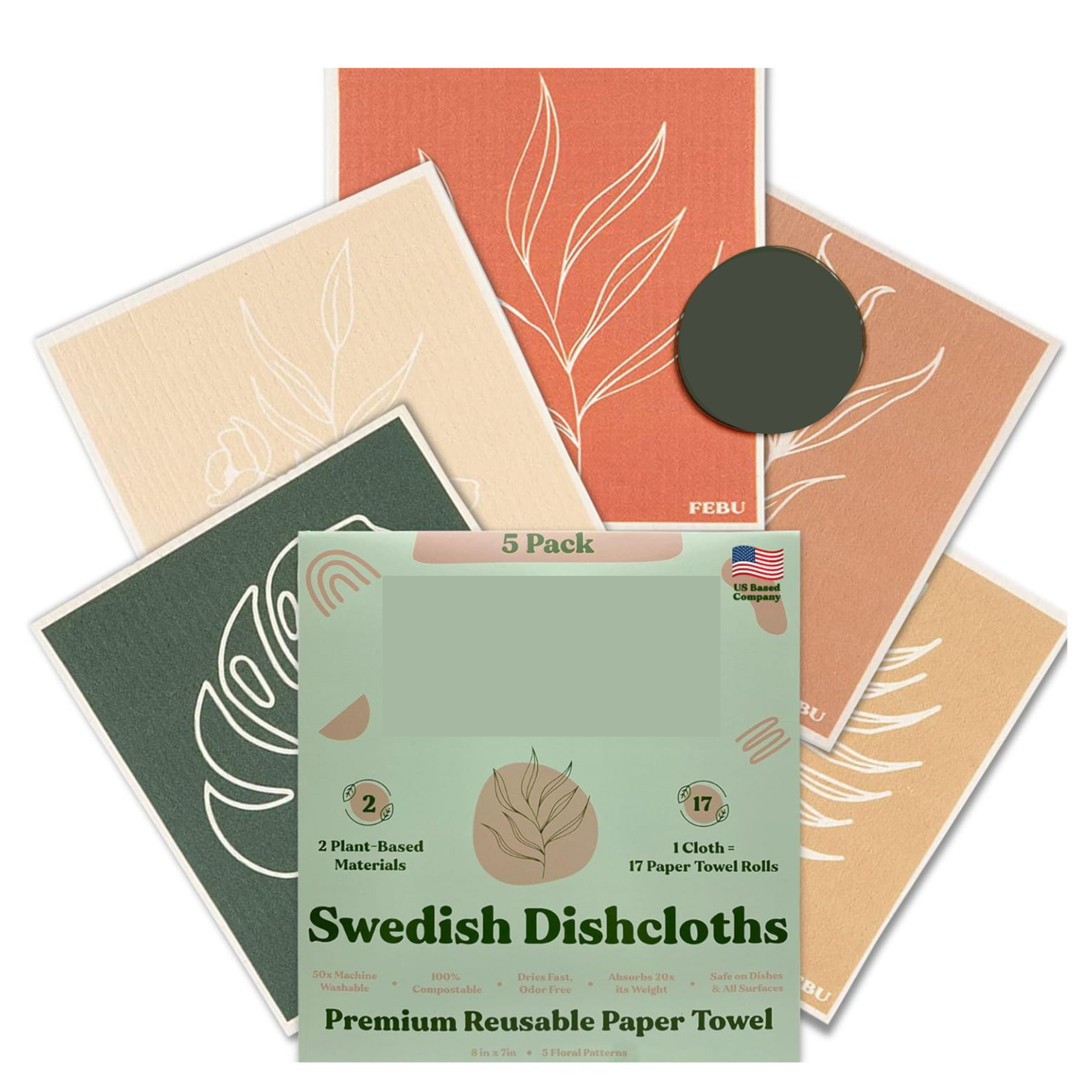 Feon Swedish Dishcloths 5 Pack Cellulose Sponge Cloths with orange and greenDesert Floral