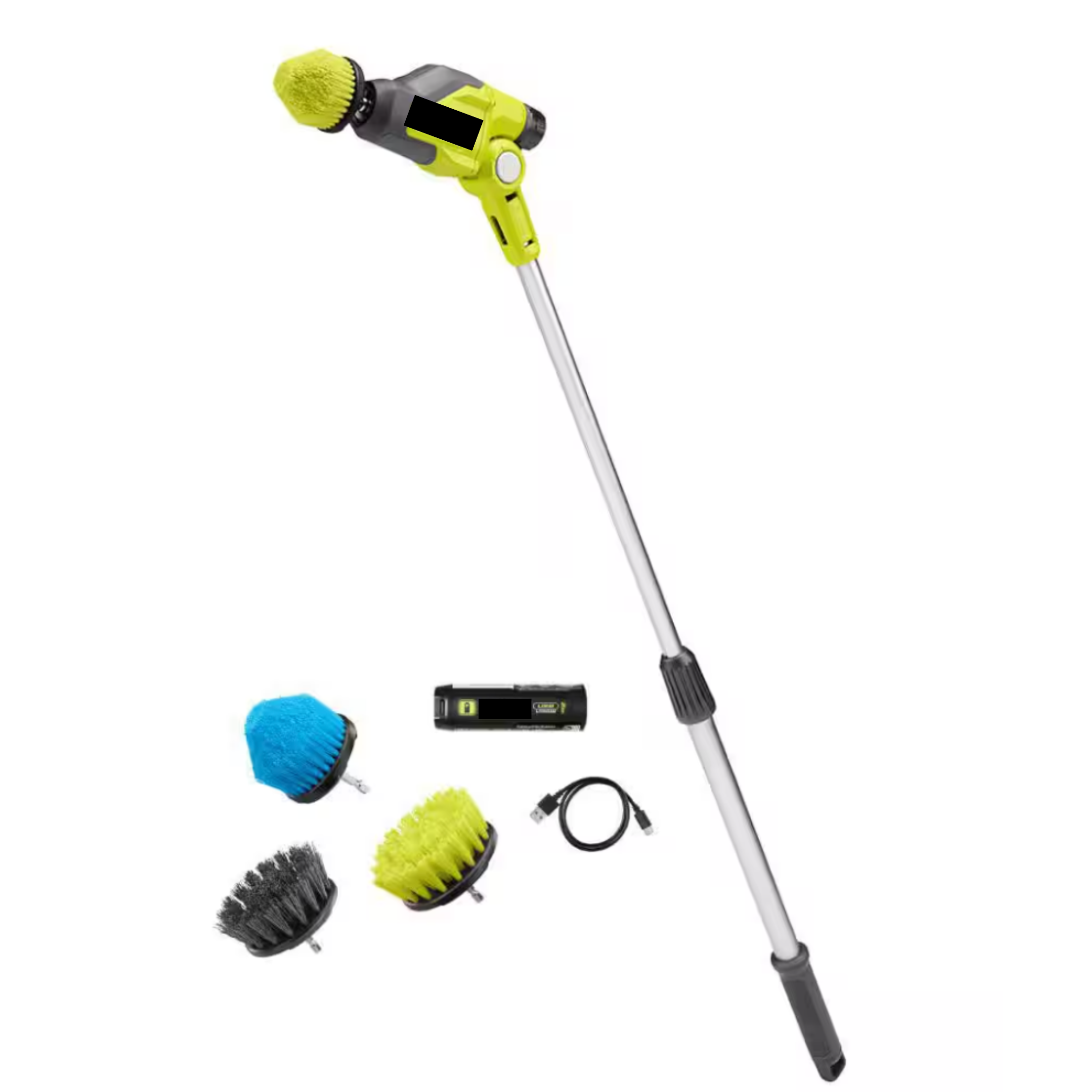 Ryobi Telescoping Power Scruber with Rechargable Battery and Charging Cord. It comes with several different bristle brushes.