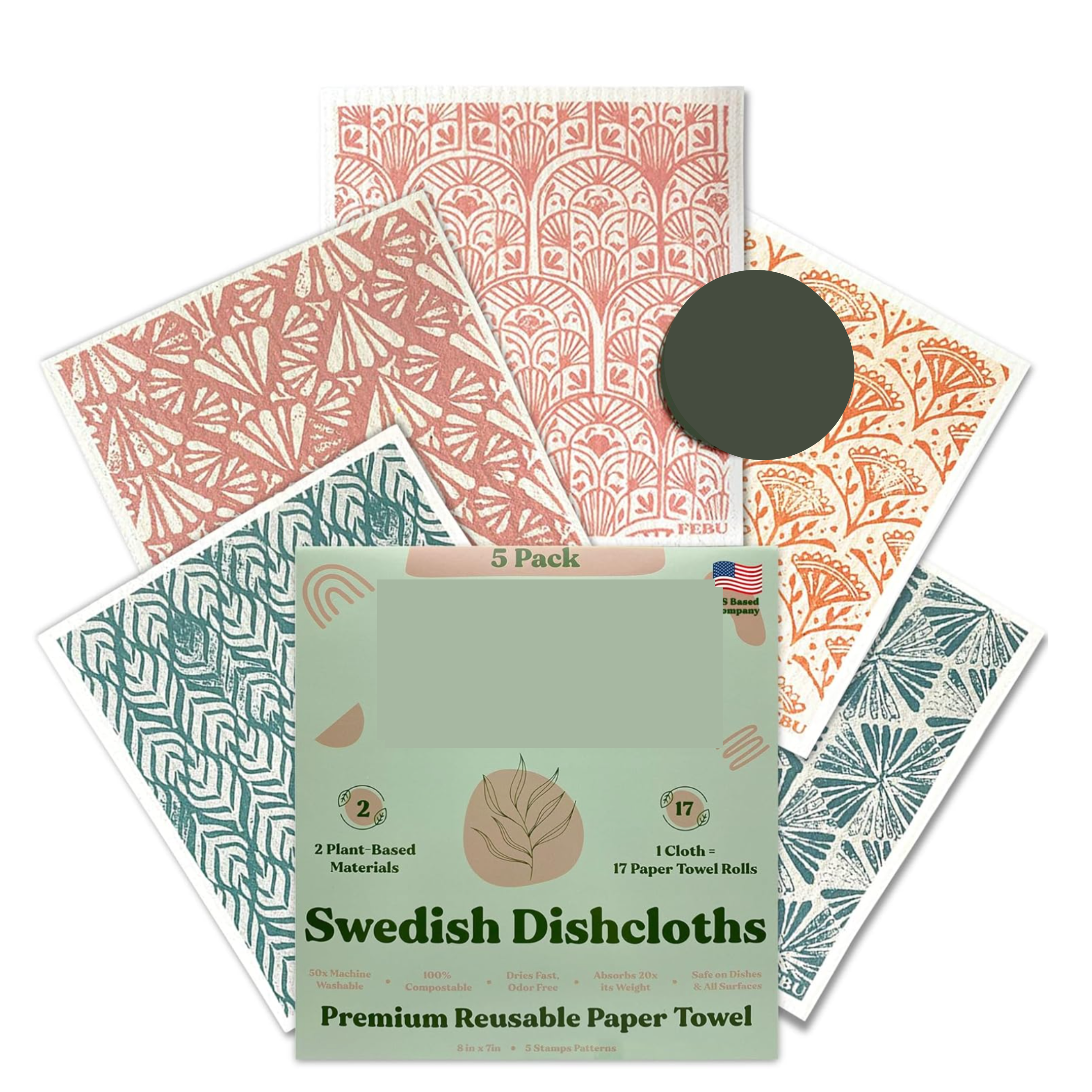 Feon Swedish Dishcloths 5 Pack Cellulose Sponge Cloths Stamps Design