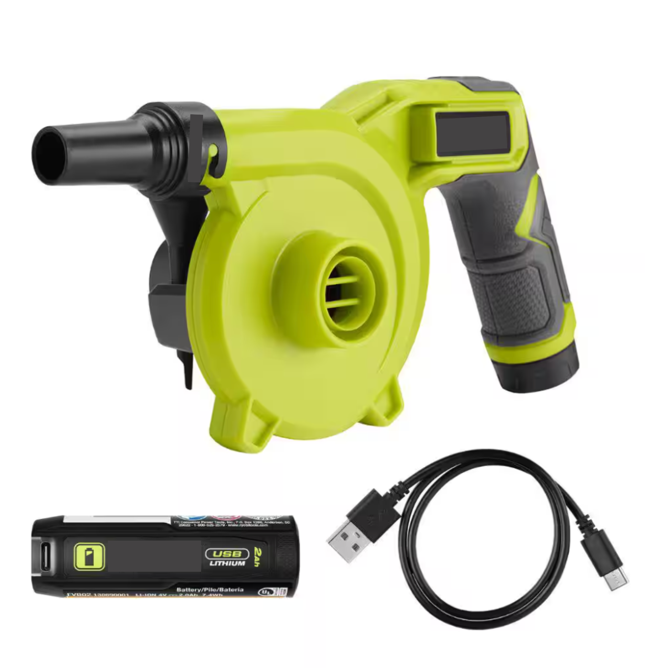 Ryobi High Volume Inflator with a rechargeable battery and charging cord