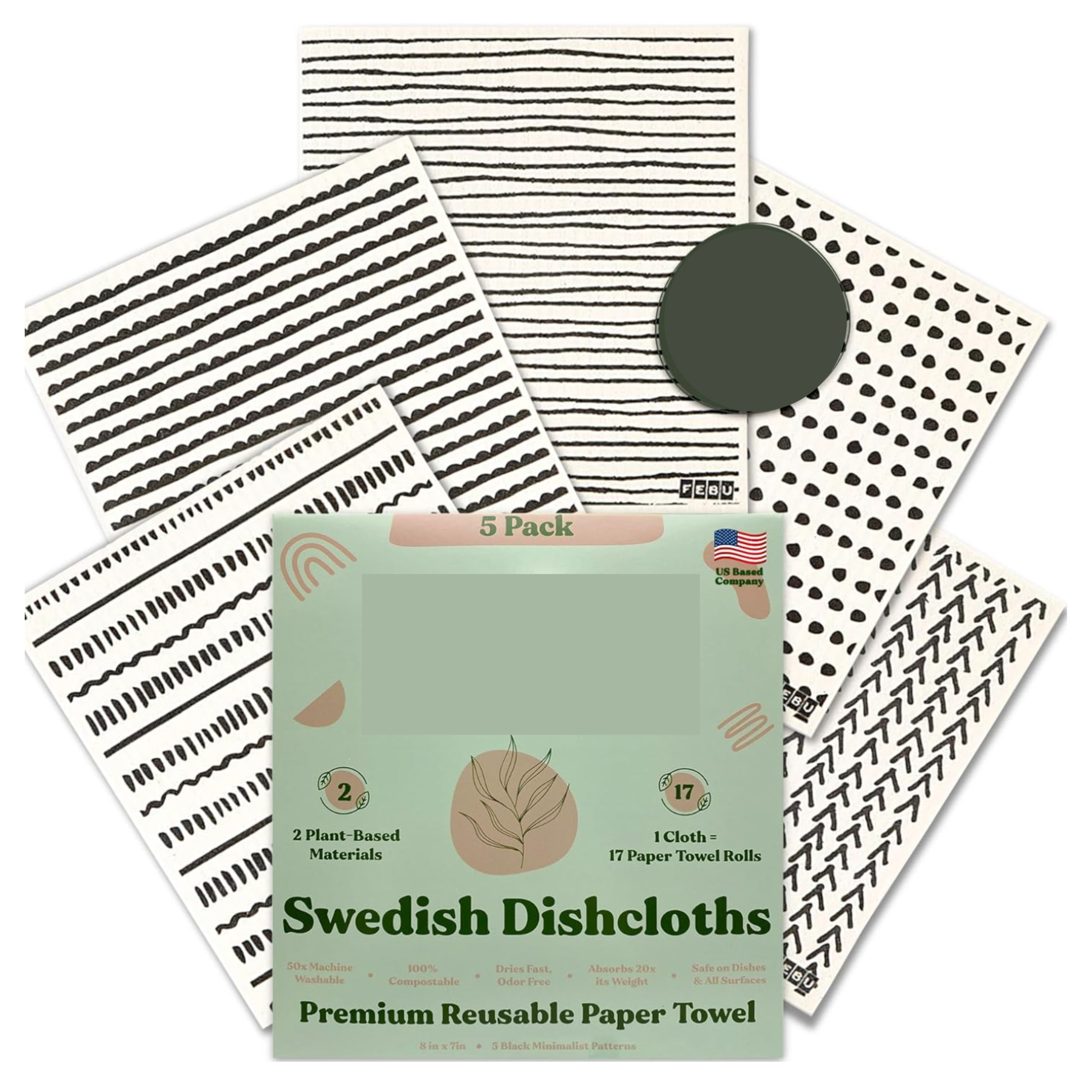 Feon Swedish Dishcloths 5 Pack Cellulose Sponge Cloths Hand Drawn Designs