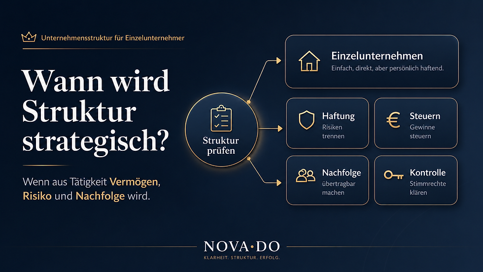 Abstrakte Grafik zur Unternehmensstruktur eines Einzelunternehmers mit Entscheidungspfad zu Haftung, Steuern, Nachfolge und Kontrolle.