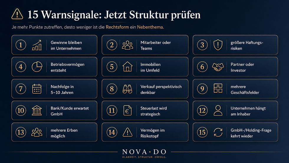 Checkliste mit 15 Warnsignalen für Einzelunternehmer zur Prüfung der Unternehmensstruktur, darunter Gewinne, Haftung, Mitarbeiter, Nachfolge und Holding-Frage.