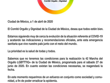 La marcha del Orgullo LGBTTTI se pospone por pandemia