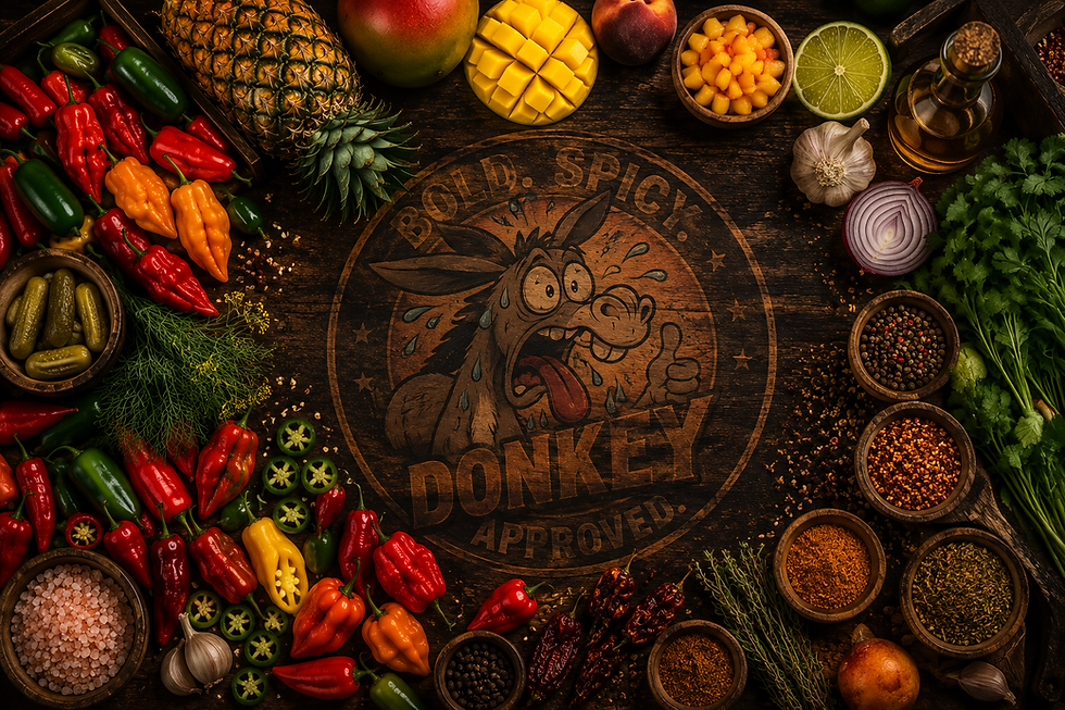 Hero background with Sweating Donkey logo burned into wood surrounded by peppers, spices, and fresh ingredients, wide landscape