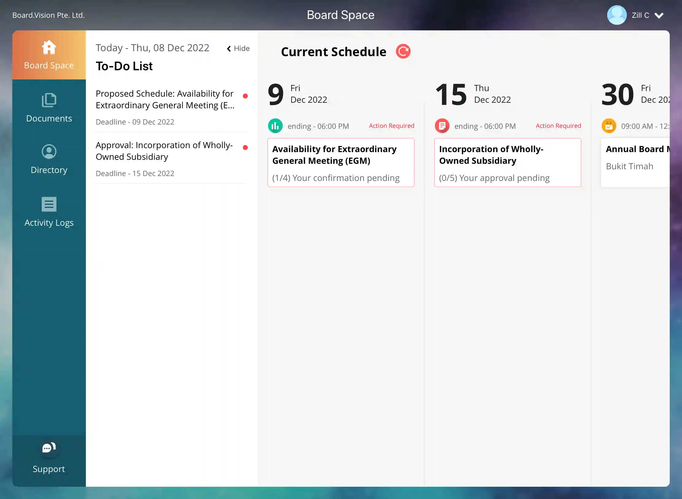 Calendar view of the user's to-do list, meetings, tasks and overall schedule.