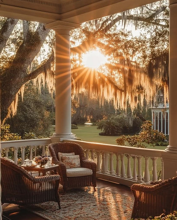 Louisiana porch with oak trees and sunlight representing the welcoming community of the Louisiana Esthetician Conference