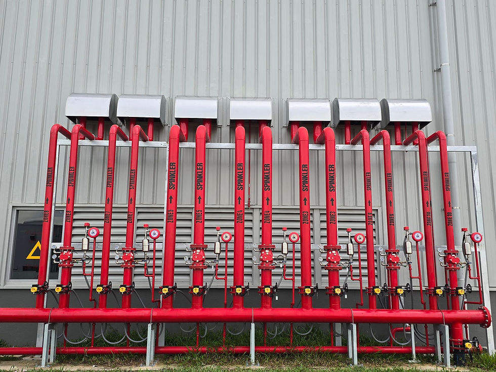 Red industrial fire sprinkler pipes running along a building exterior wall