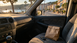 Sac de boutique fermé et clés de voiture sur le siège passager, dans une rue de Bandol en fin d’après-midi