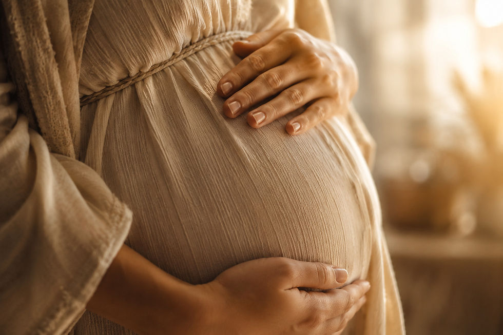Mains sur ventre de femme enceinte — CBD et grossesse : précaution absolue recommandée en l'absence de données humaines