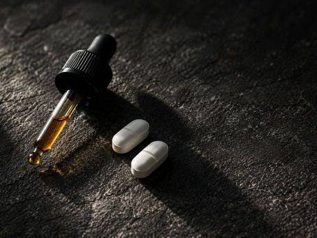 Pipette sublinguale d'huile CBD posé à côté de comprimés médicamenteux sur ardoise — illustration des interactions CBD-médicaments via le système CYP450