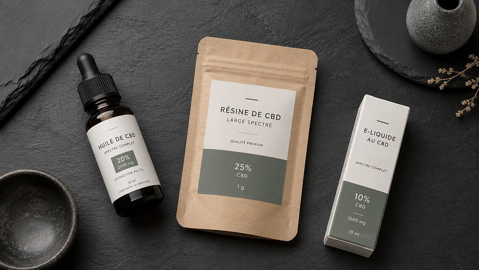 Sélection produits CBD sur ardoise anthracite — flacon, résine kraft et e-liquide, style éditorial expert