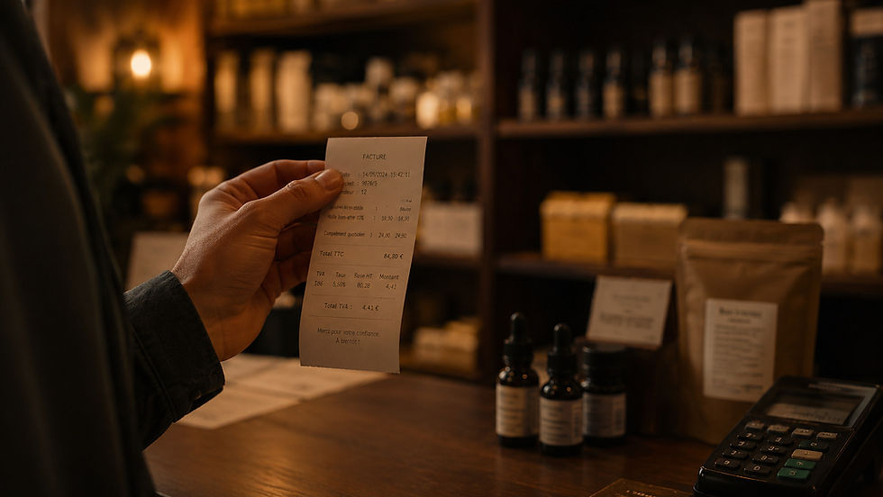 Main tenant un ticket de caisse devant le comptoir d'une boutique CBD spécialisée, arrière-plan flou avec produits en rayon