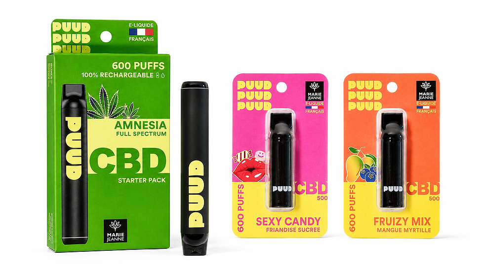 Pack vape CBD PUUD avec starter pack Amnesia, puff rechargeable et recharges Sexy Candy et Fruizy Mix sur fond blanc