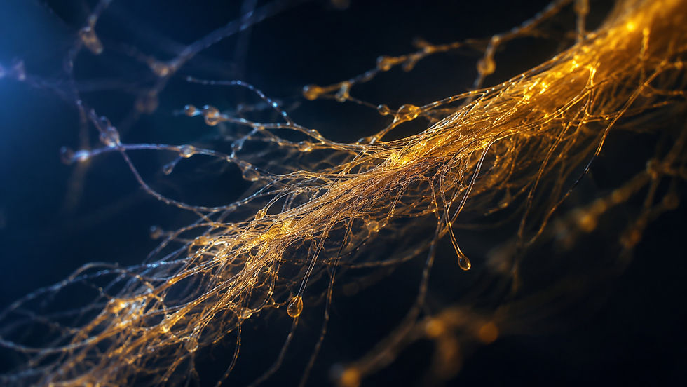 Illustration éditoriale d'un système nerveux périphérique stylisé en lumière dorée sur fond sombre, évoquant la transmission de la douleur neuropathique