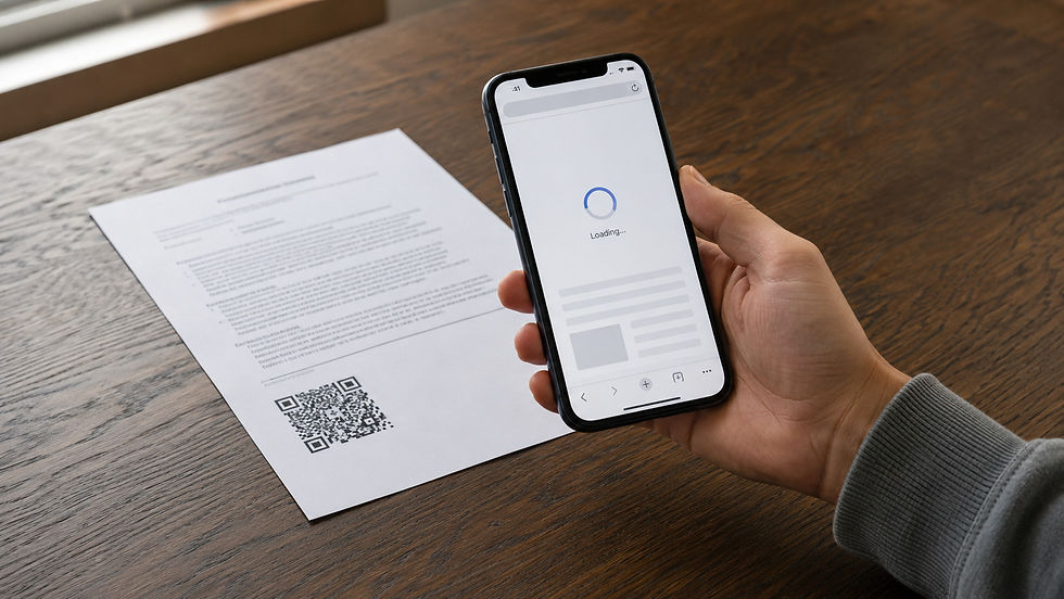 Main tenant un smartphone scannant le QR code d'un document officiel de laboratoire posé sur une table en bois