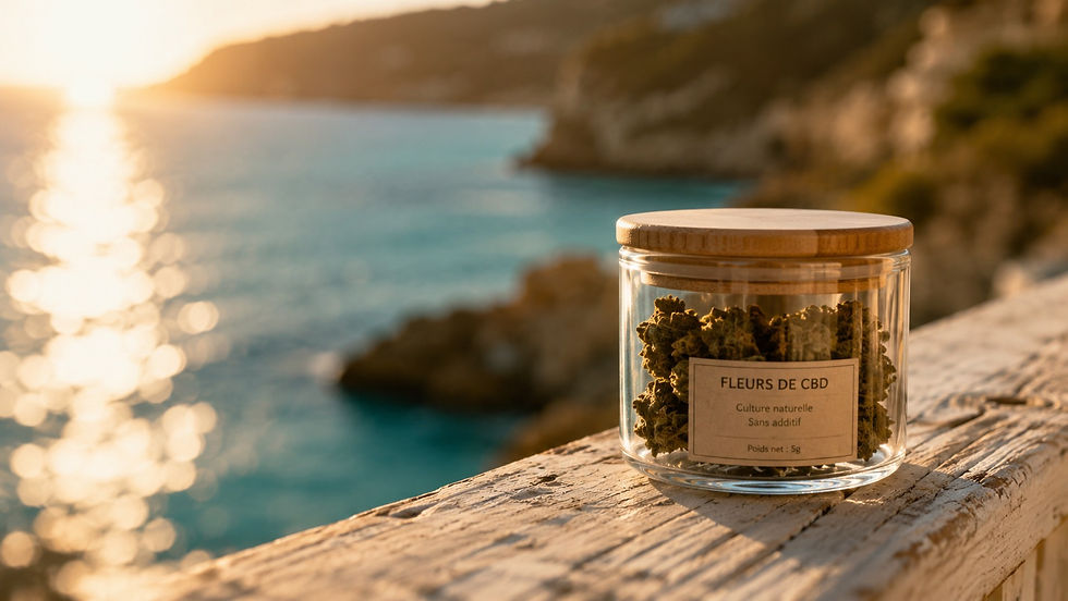 Pot de fleurs CBD sur rambarde de quai avec mer Méditerranée turquoise en arrière-plan — CBD Cannes Côte d'Azur