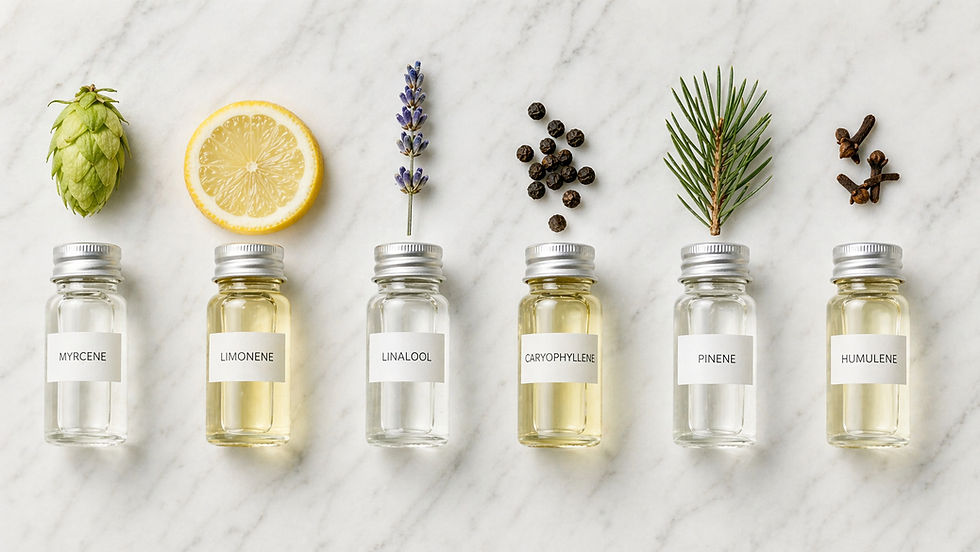 Six terpènes du chanvre CBD dans des fioles avec leurs plantes sources naturelles : houblon, citron, lavande, poivre