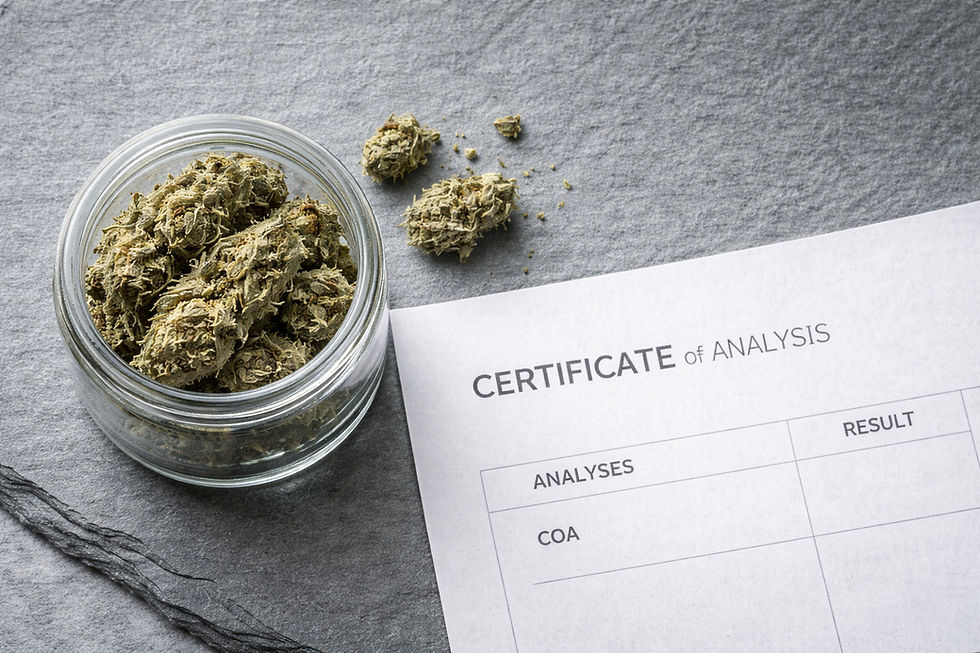 Bocal de fleurs CBD séchées posé à côté d'un certificat d'analyse de laboratoire accrédité
