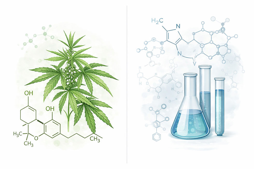 Illustration comparant le CBD naturel issu de la plante de chanvre à gauche et les cannabinoïdes de synthèse produits en laboratoire à droite, montrant la différence structurelle entre molécules naturelles et artificielles.