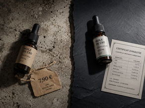 Deux flacons d'huile CBD sur surface contrastée — comparatif prix bas et qualité premium, filière CBD France Exodus