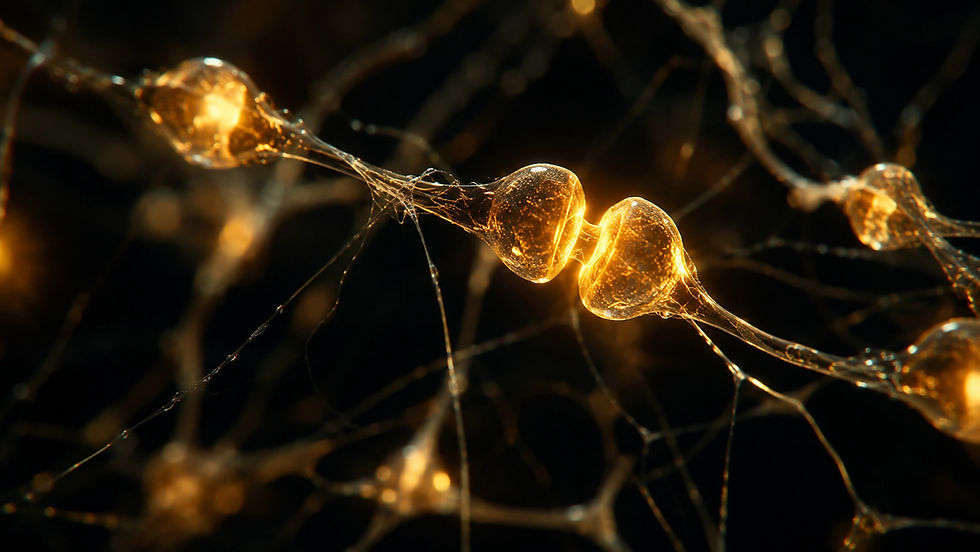 Vue microscopique de neurones connectés avec synapses lumineuses sur fond sombre, évoquant les récepteurs CB1 et la transmission dopaminergique dans le TDAH