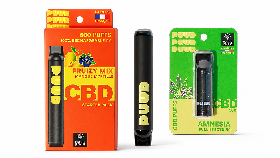 Pack starter vape CBD PUUD Fruizy Mix avec batterie rechargeable et recharge Amnesia Full Spectrum sur fond blanc