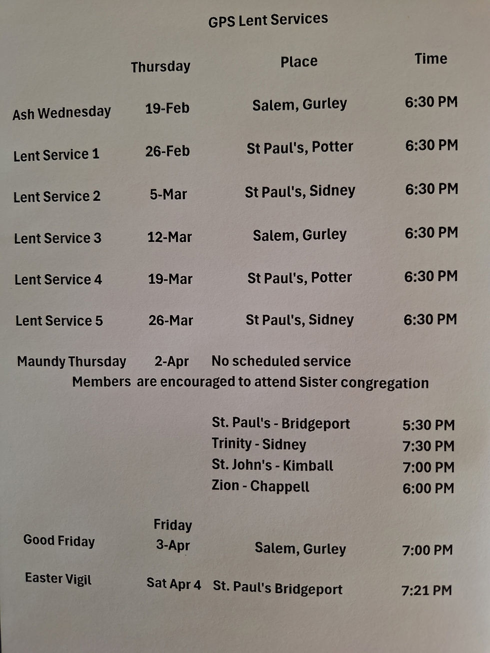 2026 Lenten Service Schedule 