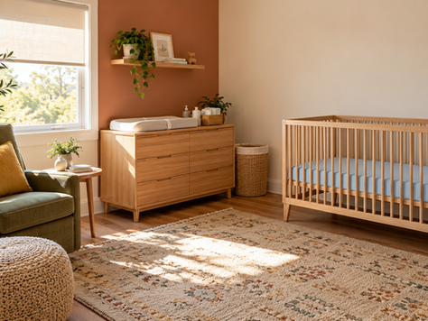 Bright modern nursery with a safe crib, comfortable feeding chair, changing station and organized baby essentials.